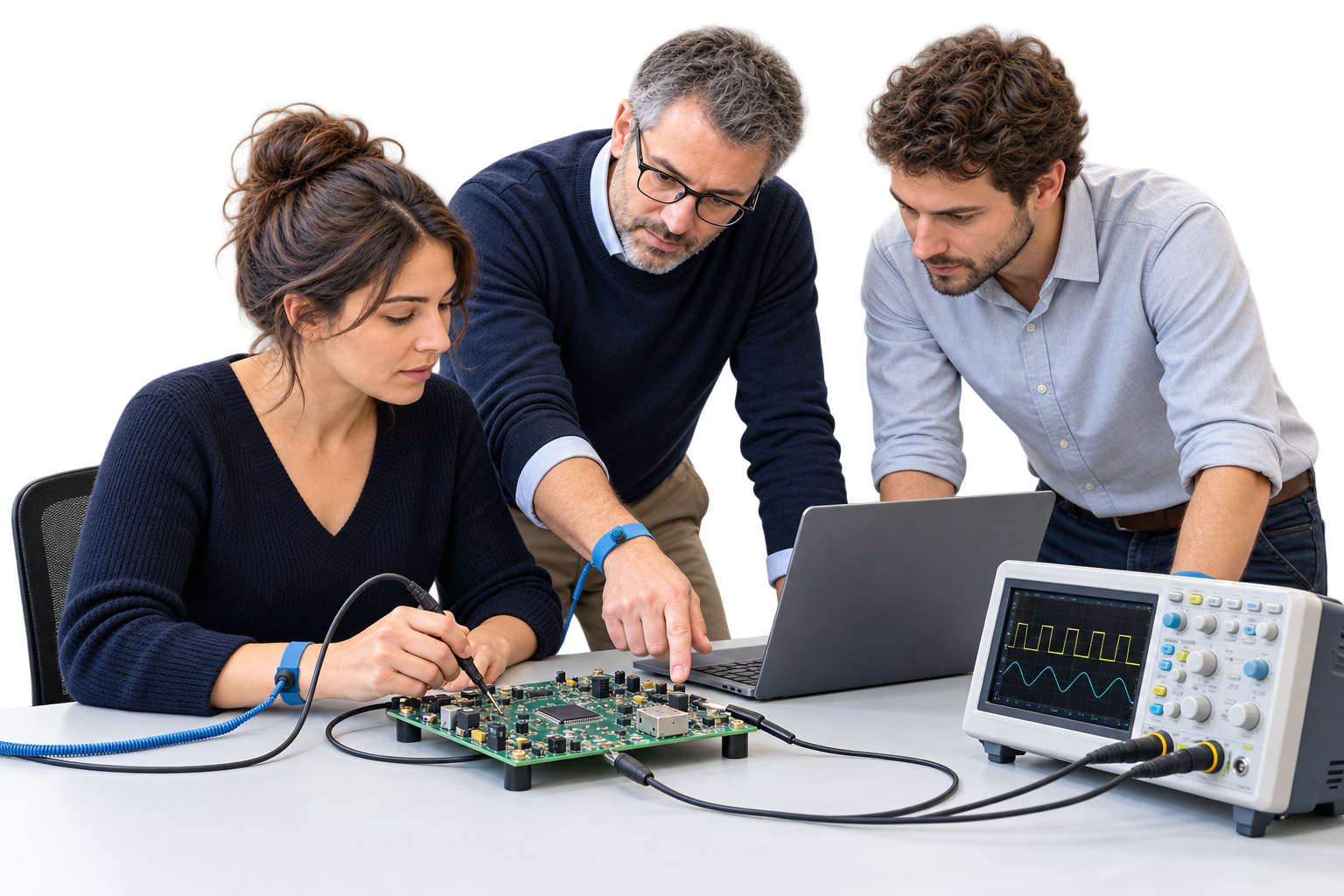 Illustration d’une équipe d’ingénieurs collaborant autour d’un prototype électronique et d’instruments de mesure