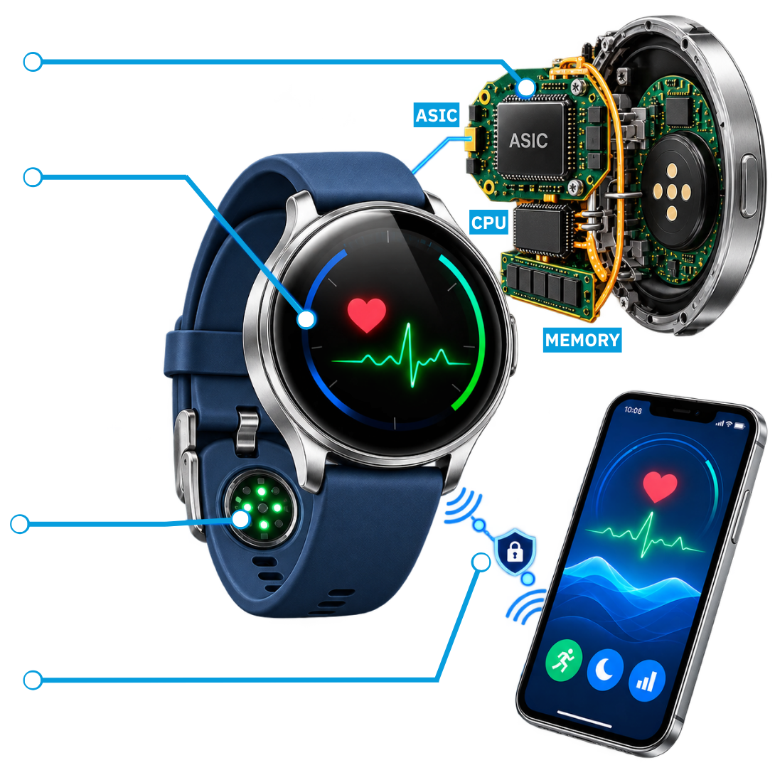 Vue éclatée d’une montre connectée avec ses circuits électroniques, son cadran, ses capteurs optiques et sa liaison sans fil sécurisée vers un smartphone.