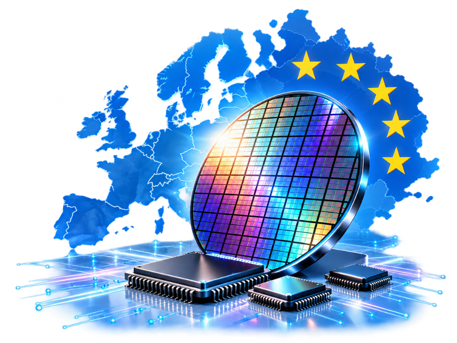 Carte de l’Europe avec un wafer de silicium, des circuits intégrés et des étoiles européennes