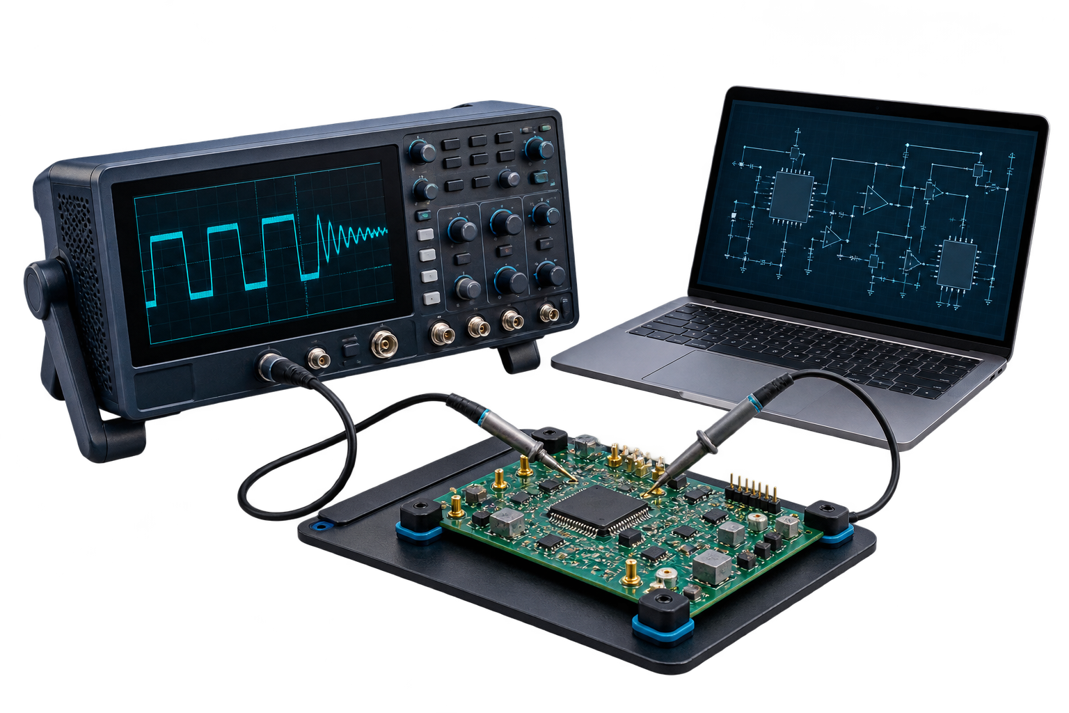 Illustration of an electronics design and validation bench: prototype board, probes, oscilloscope and laptop